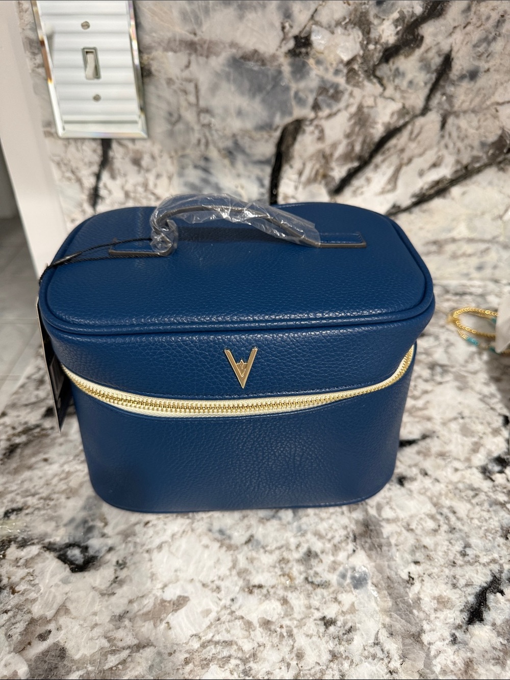 V Emblem Navy Cosmetic Case with Gold Zip